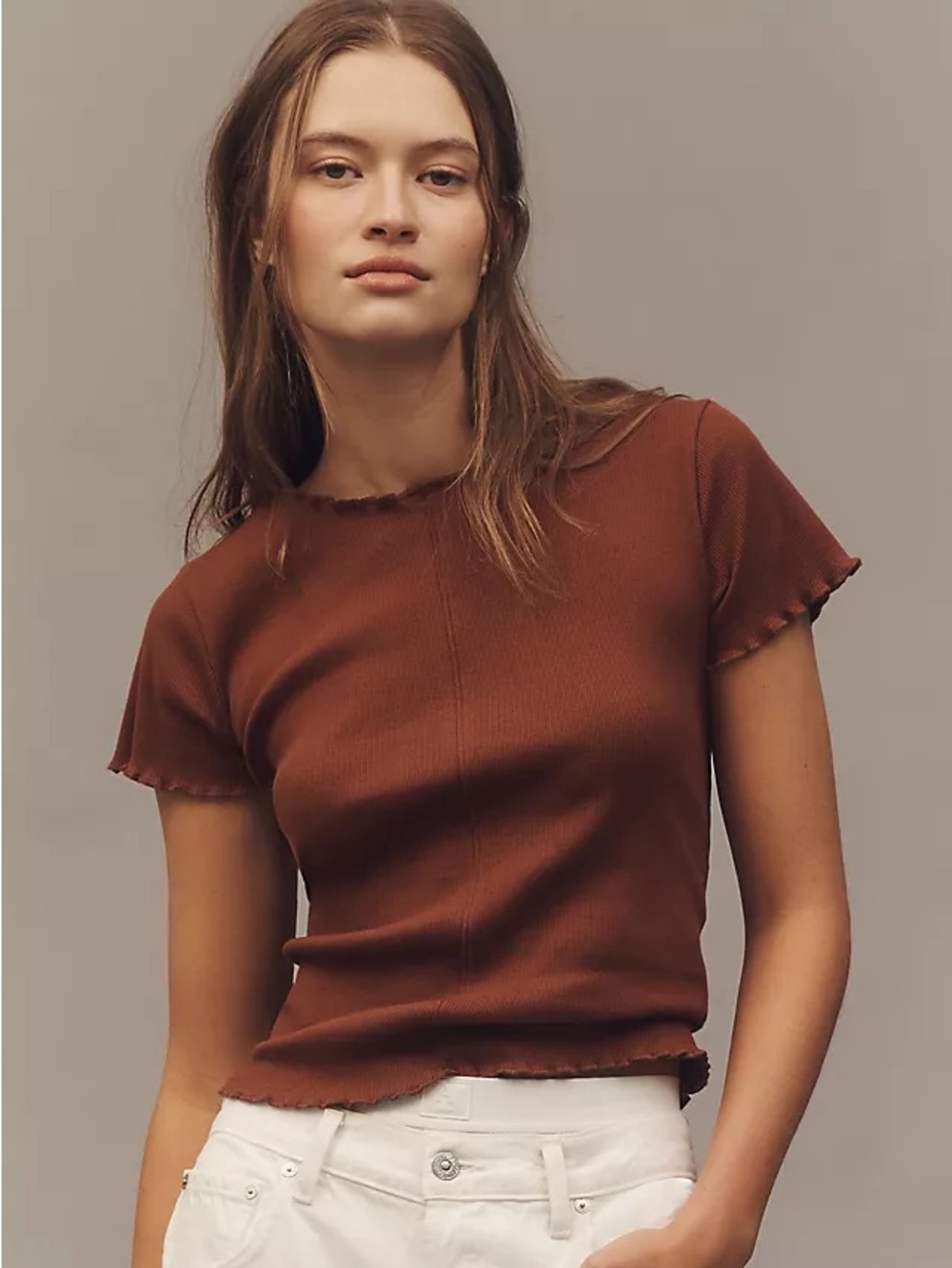 Pilcro Ribbed Short Sleeve Crop Top in Chestnut Brown